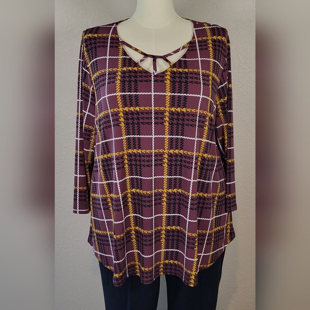CATO Burgundy Windowpane Plaid Lattice Front Top - Plus Size 18/20W